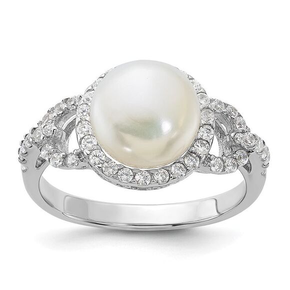 Kazi Luxury Sterling Silver Rhodium-plated 9-10mm White FWC Pearl and CZ Ring